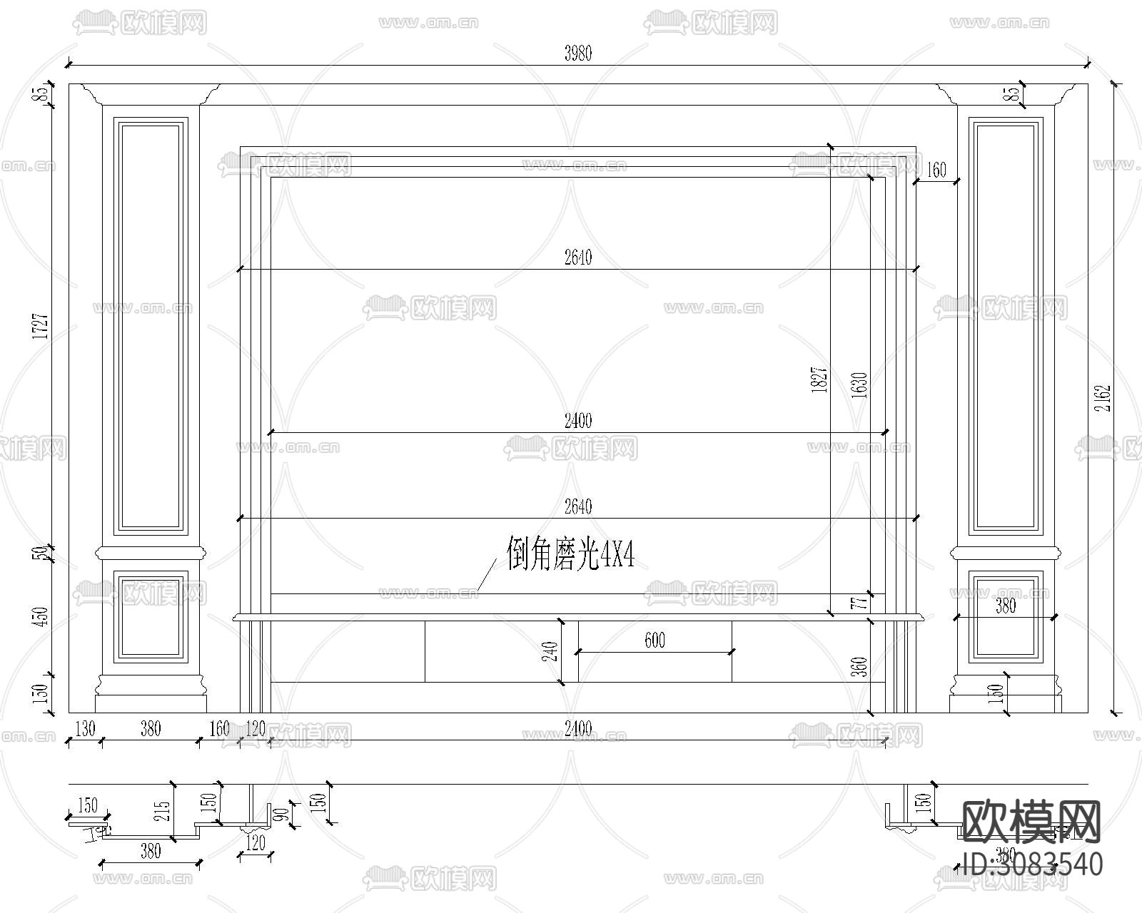 大理石电视机背景墙cad图库下载（渲染图4）