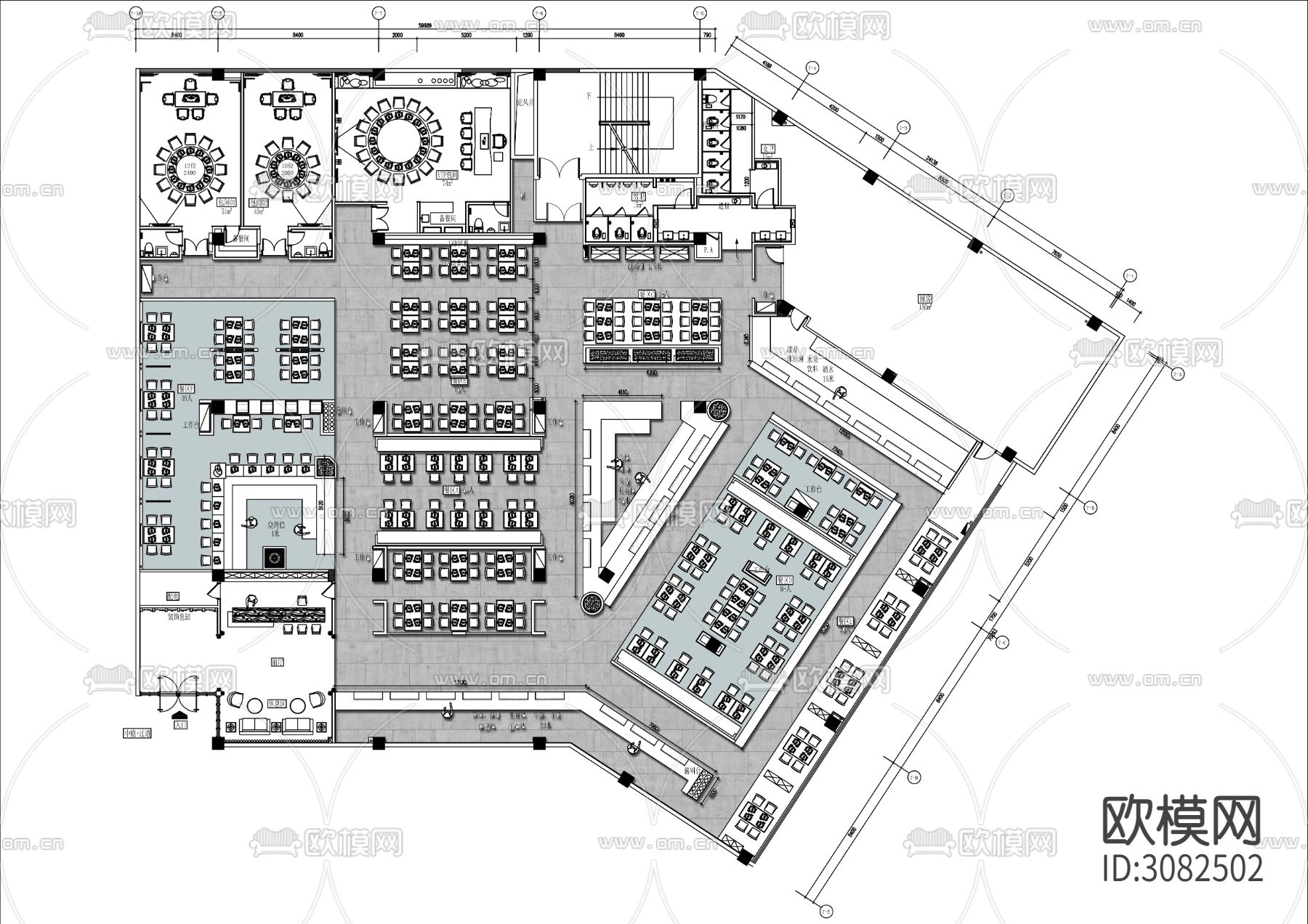 1500㎡海鲜烧烤城cad平面图下载（渲染图1）