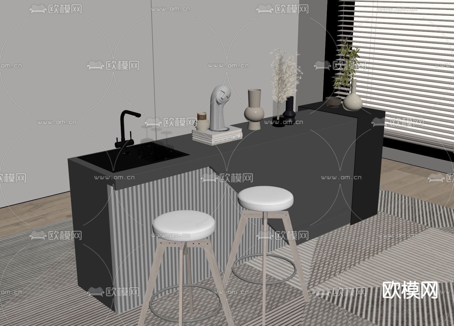 现代水吧台 吧台凳su模型下载（渲染图1）