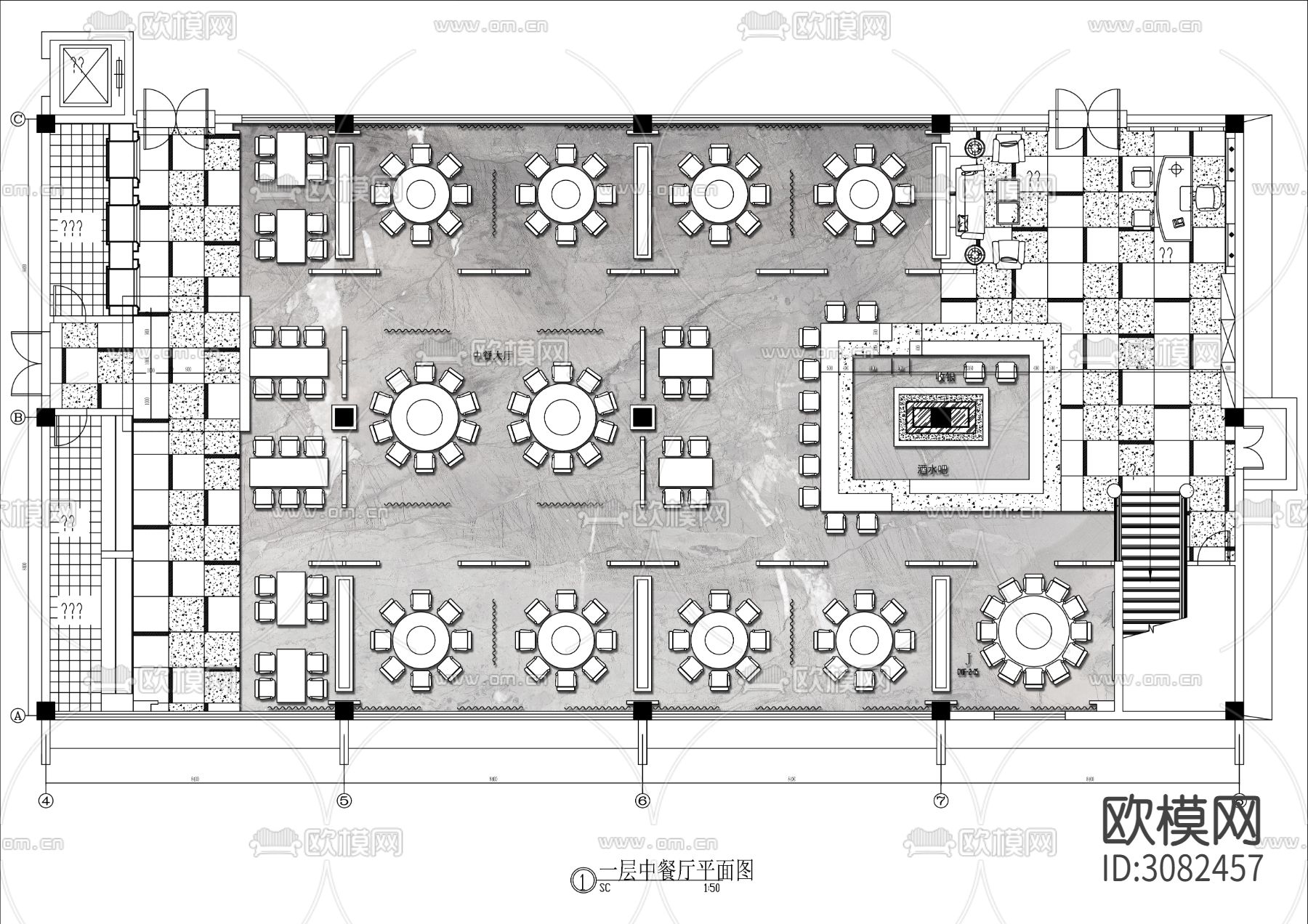 550㎡现代融合餐厅cad平面图下载