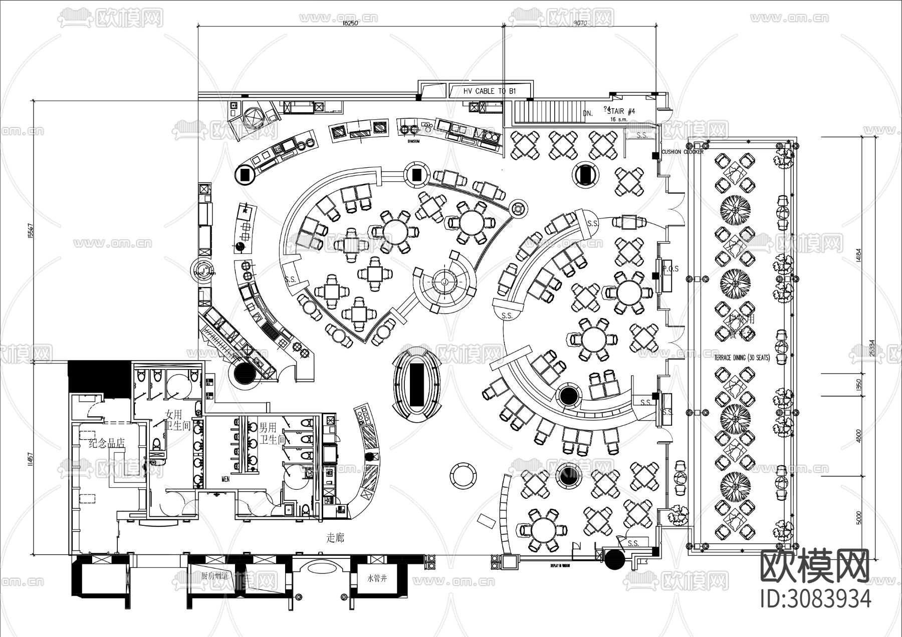 900㎡异形餐厅cad平面图下载（渲染图1）