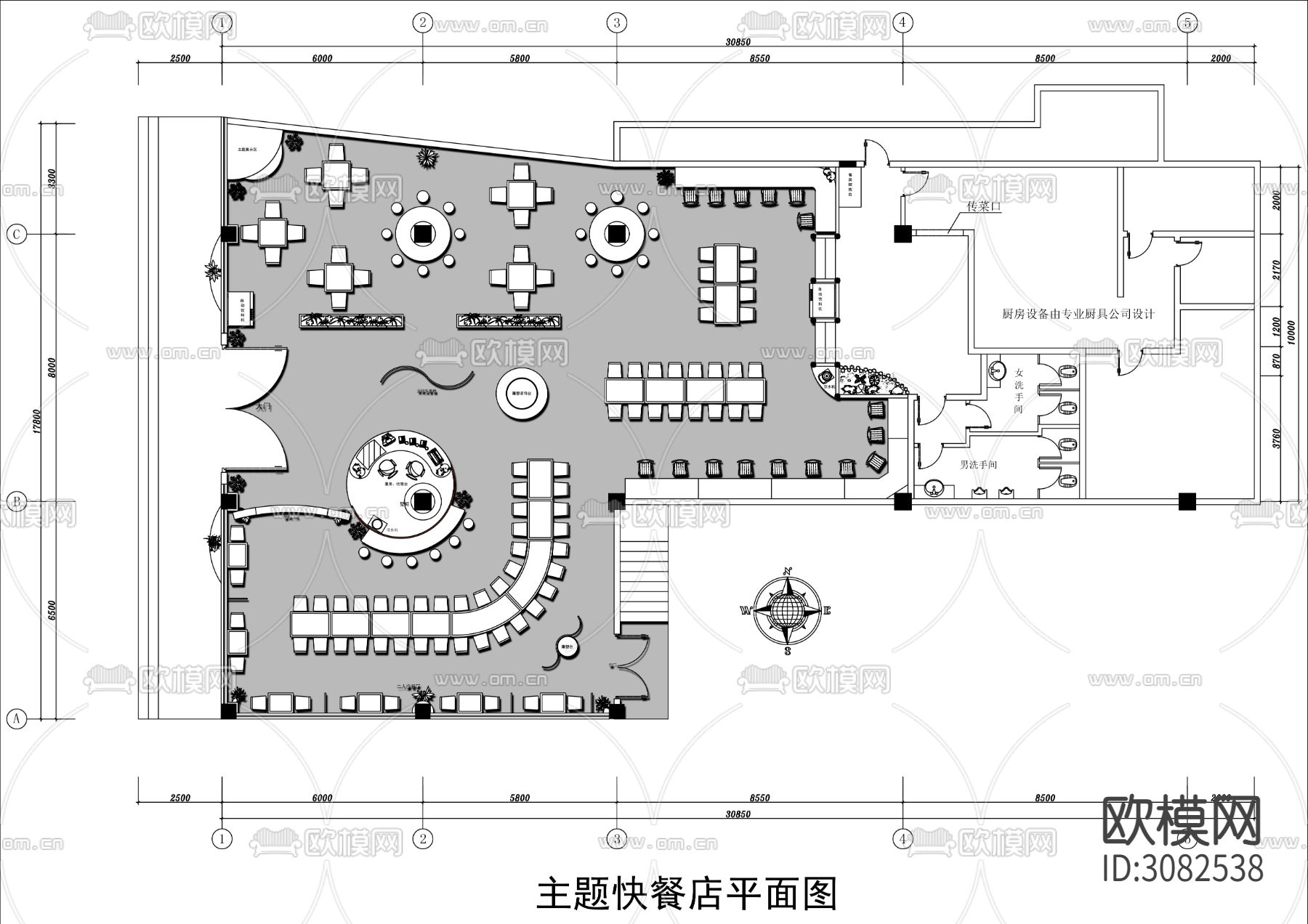 400㎡自助餐厅cad平面图下载