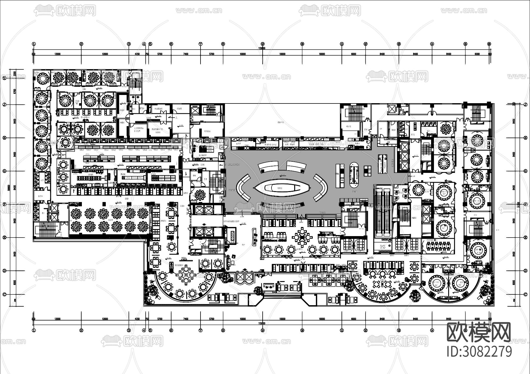 6000㎡酒店全日餐厅cad平面图下载