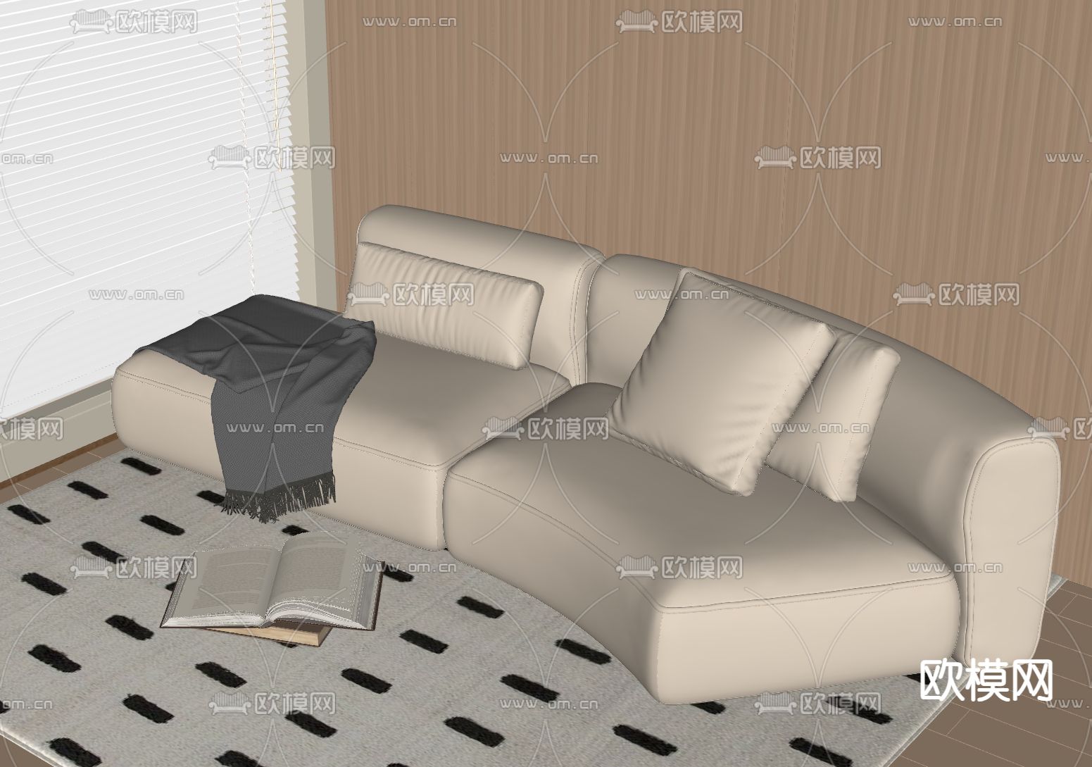 奶油风双人沙发su模型下载（渲染图1）