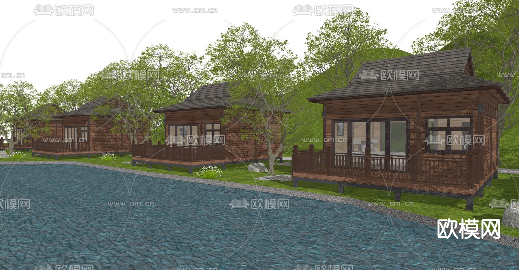 新中式木屋民宿su模型下载（渲染图1）