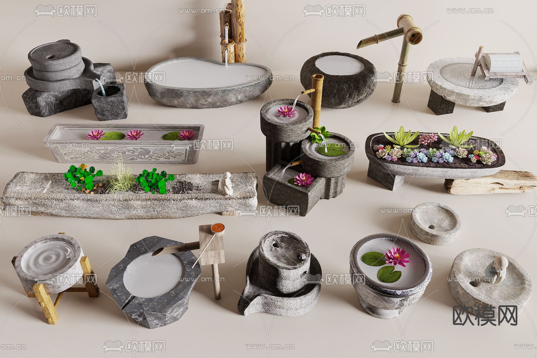 中式石槽 水槽 磨盘 流水钵3d模型下载