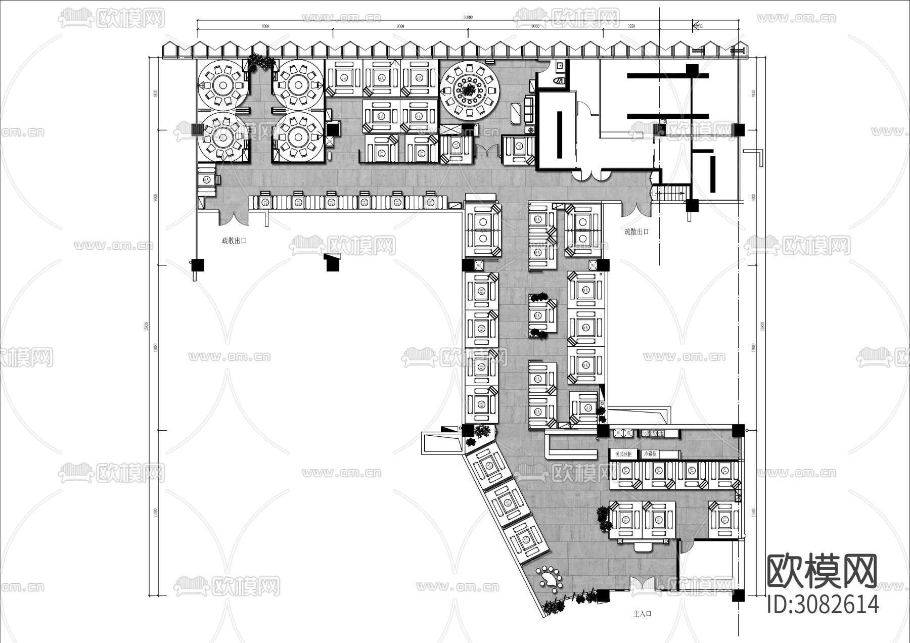 500㎡重庆中式火锅店cad平面图下载（渲染图1）