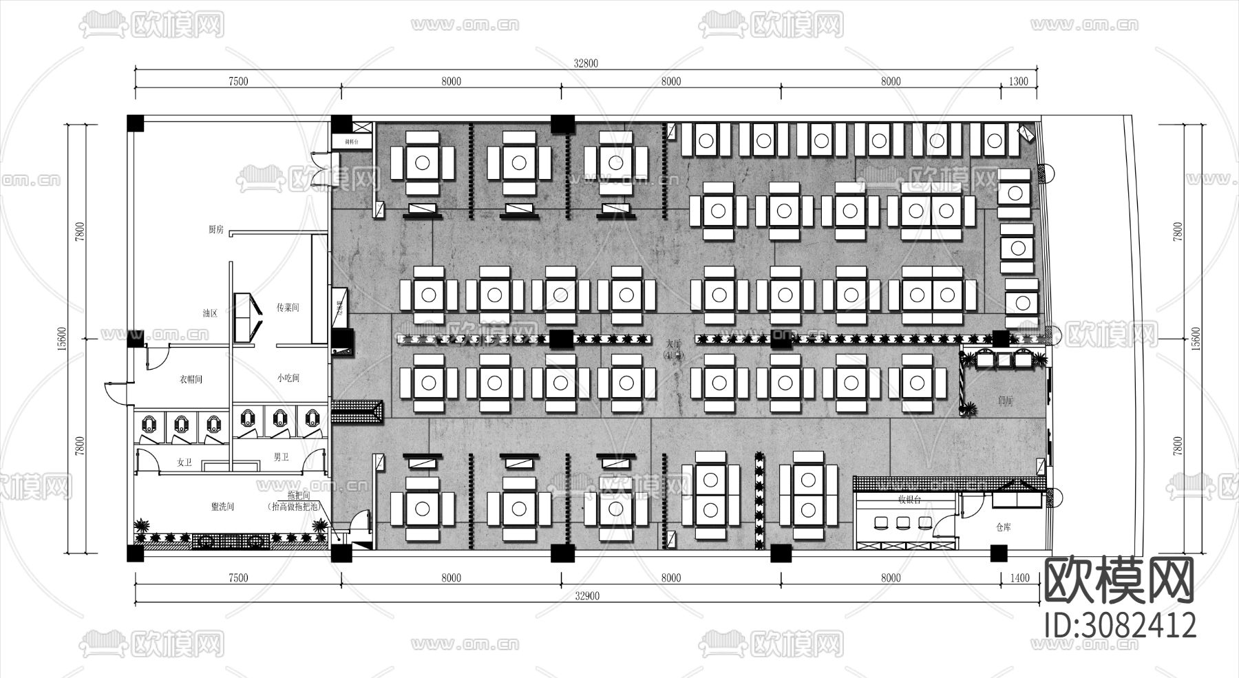 500㎡川渝中式火锅店cad平面图下载