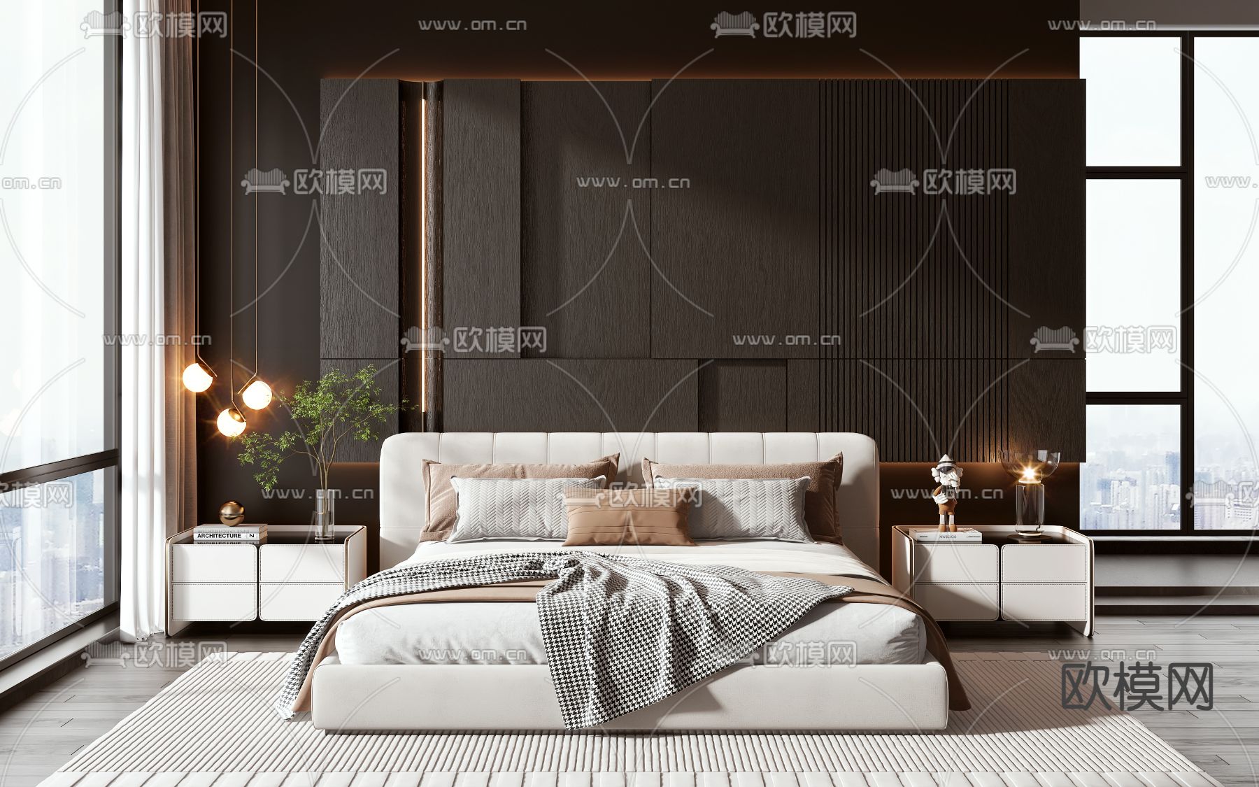 现代双人床3d模型下载（渲染图1）