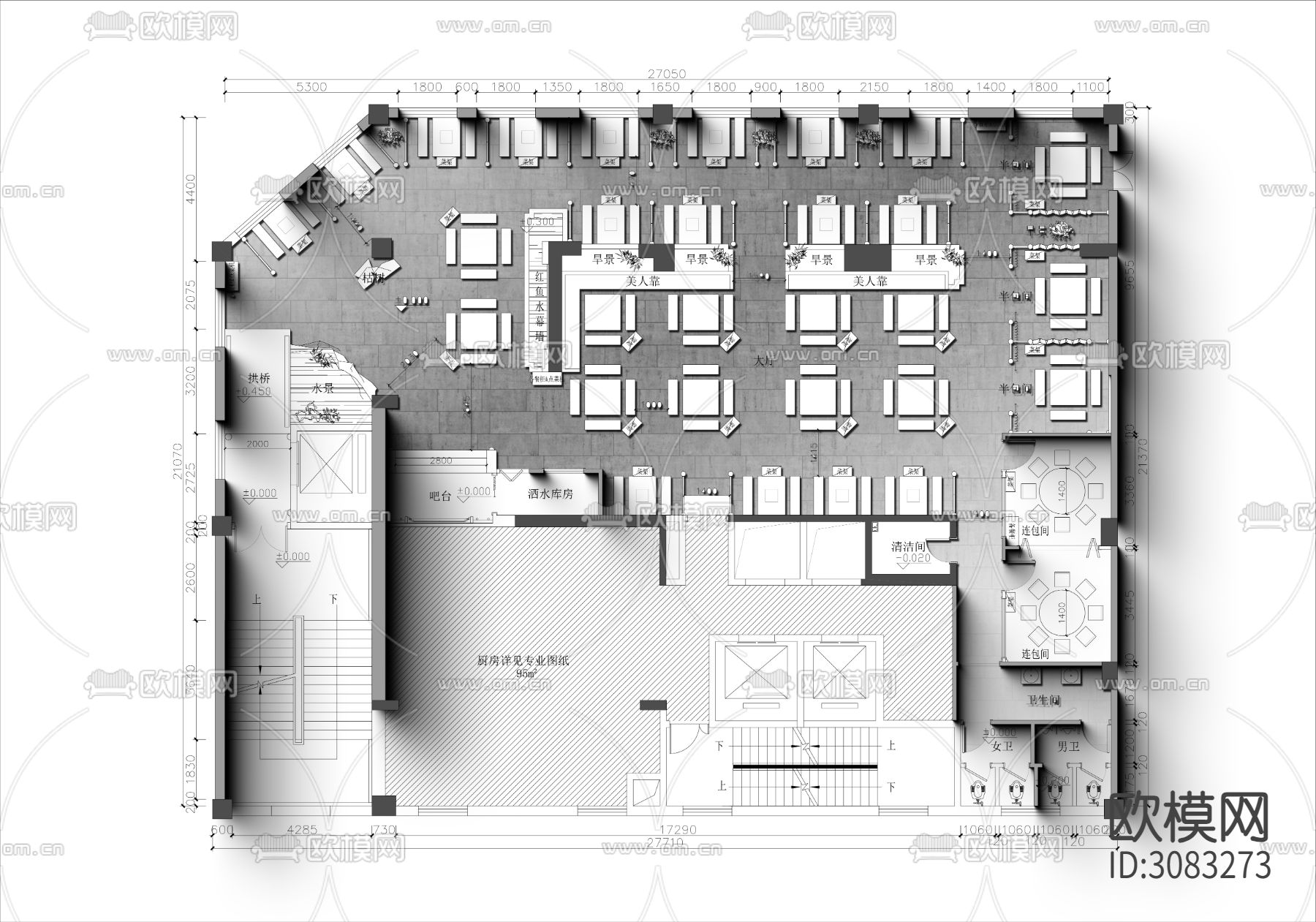 450㎡成都中式火锅店cad平面图下载