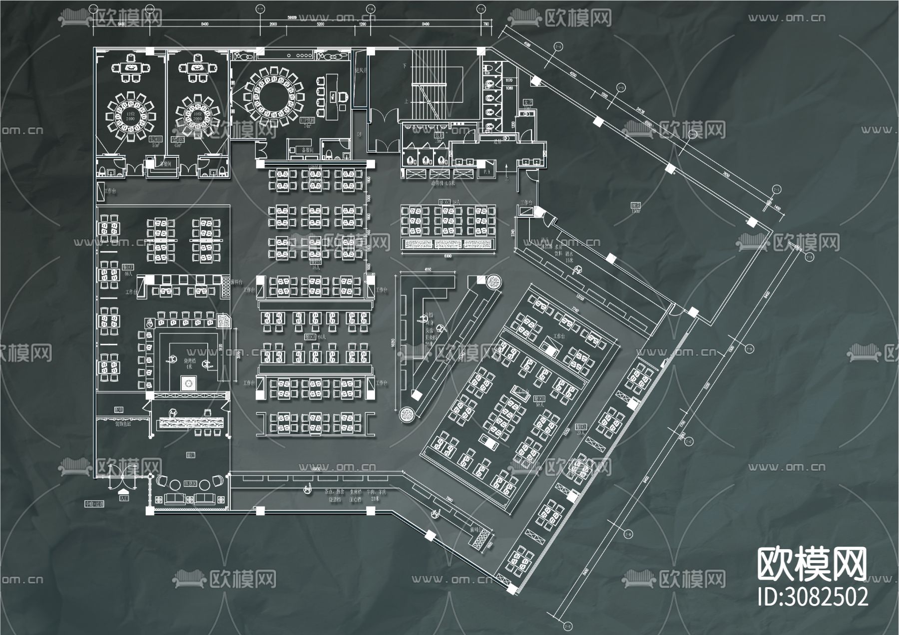 1500㎡海鲜烧烤城cad平面图下载（渲染图2）