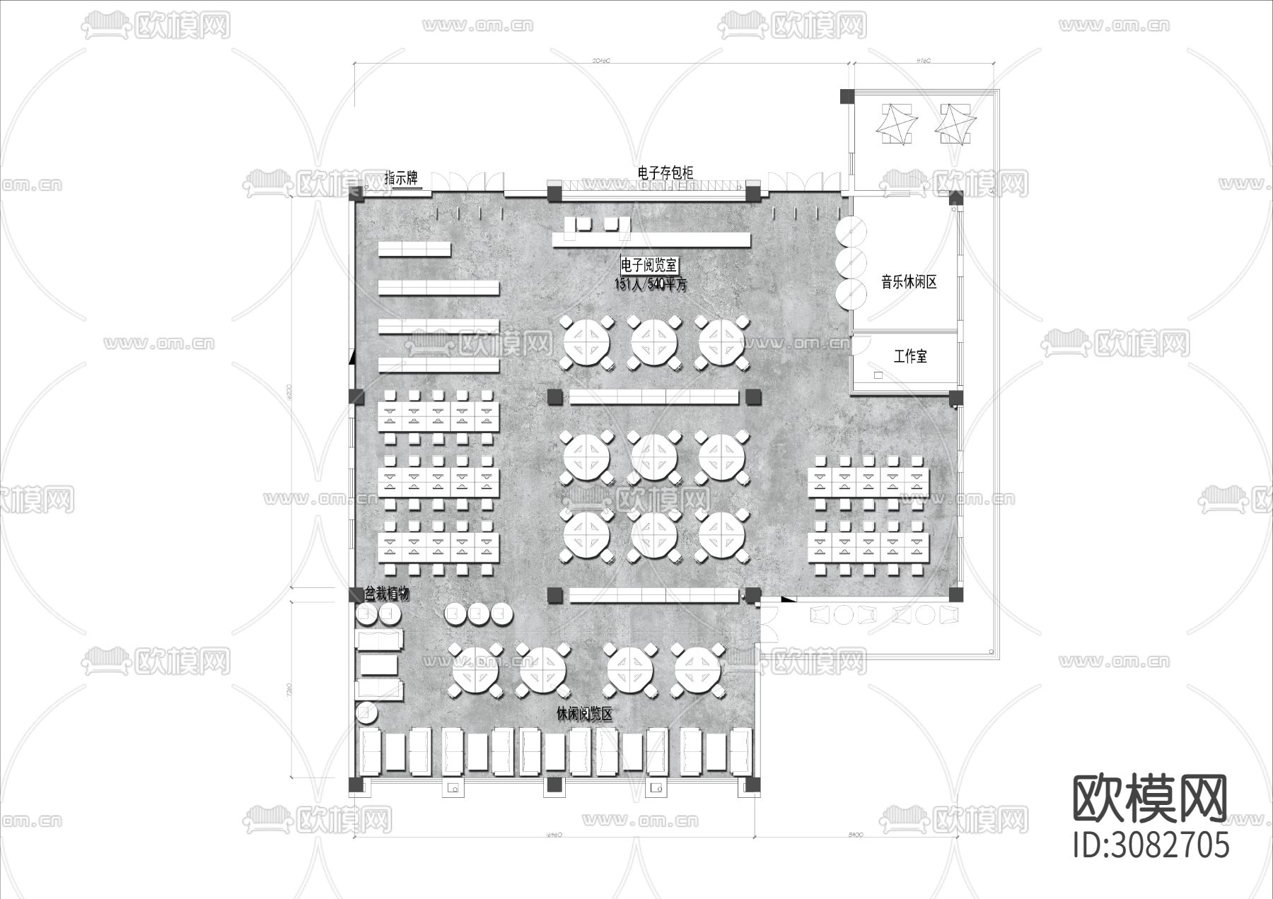 500㎡图书馆阅读室cad平面图下载
