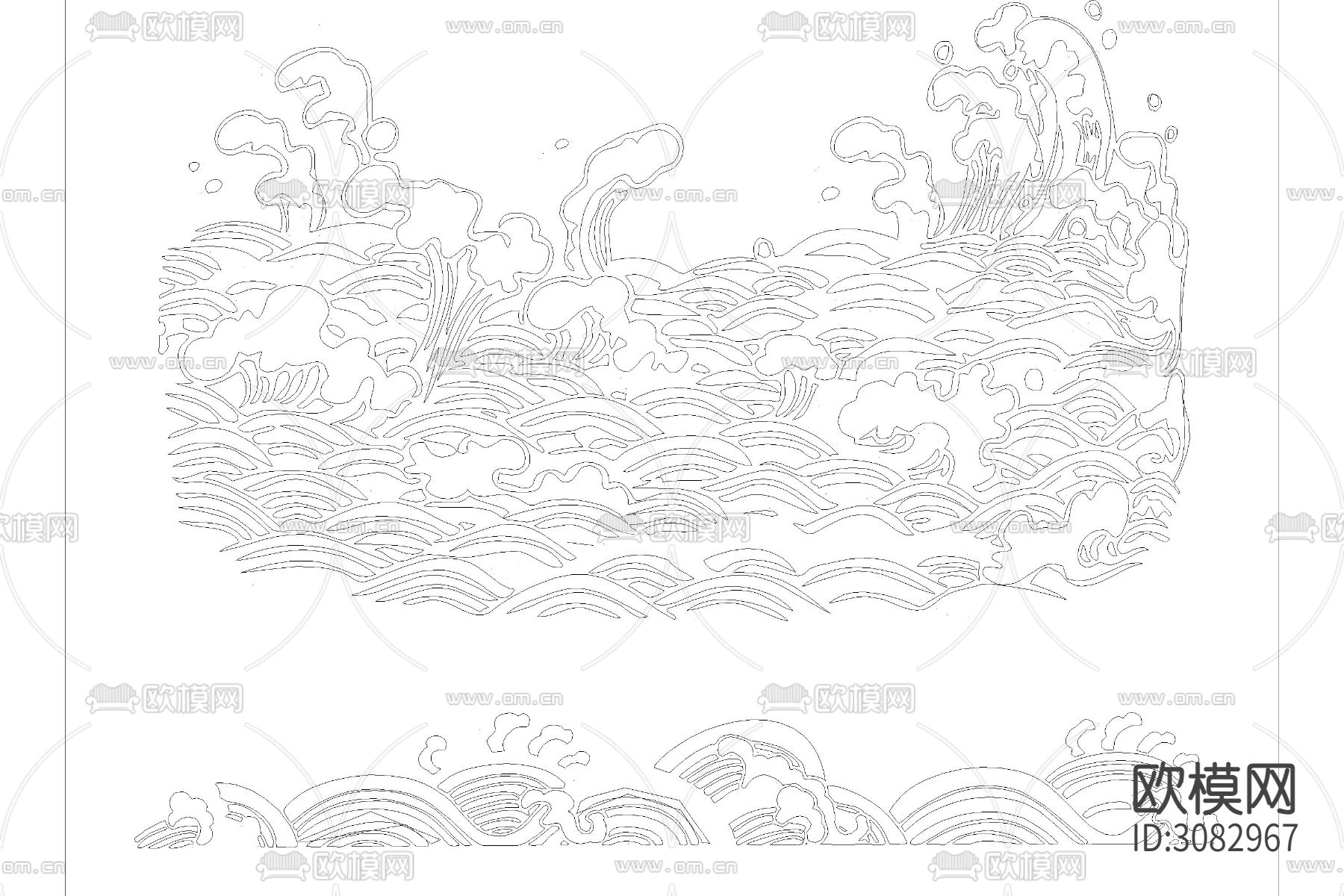 中国风古典圆形祥云祥瑞灵芝祥纹波浪花纹浮雕刻图案cad图库下载（渲染图1）