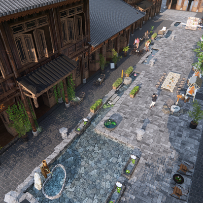  中式古镇商业街su模型 