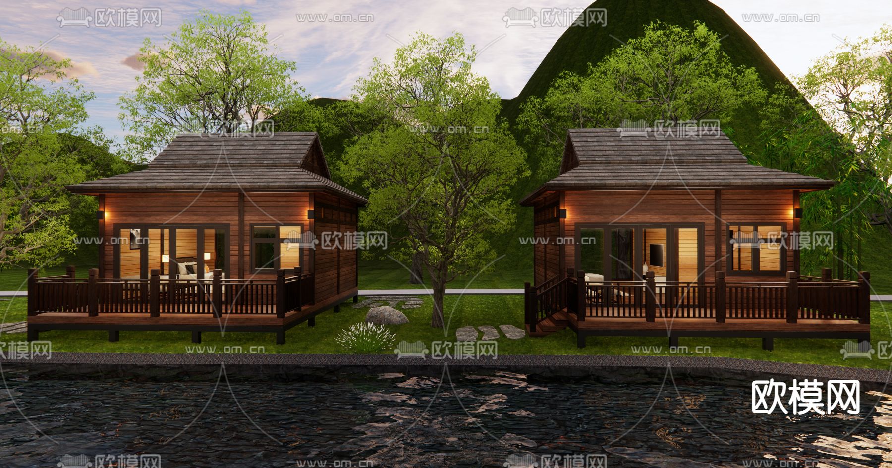 新中式木屋民宿su模型下载（渲染图2）