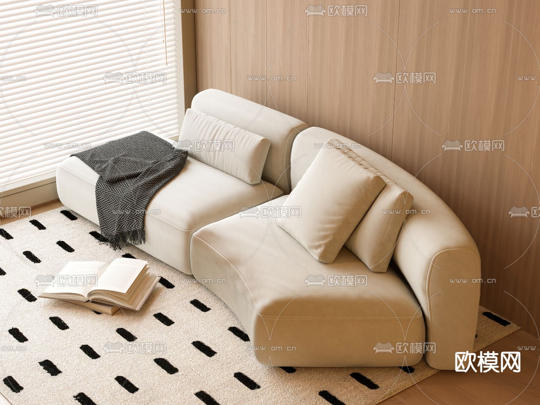 奶油风双人沙发su模型下载（渲染图2）