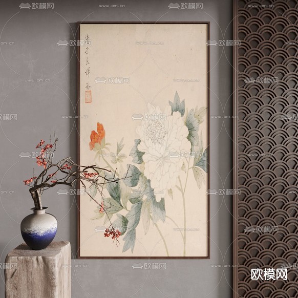 新中式装饰画 花卉画 水彩画3d模型下载