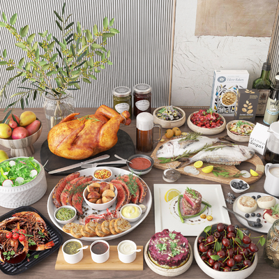  食物西餐 牛排 烤鸡 沙拉su模型 