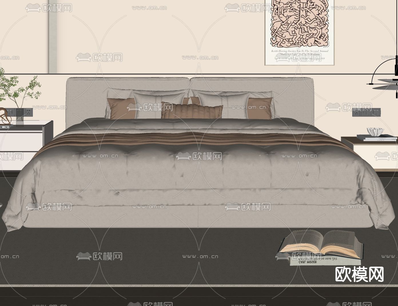 现代双人床su模型下载（渲染图1）