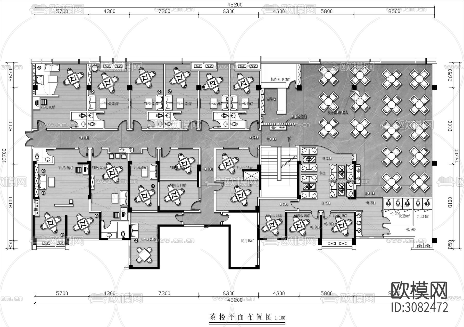 500㎡茶楼棋牌室cad平面图下载（渲染图2）