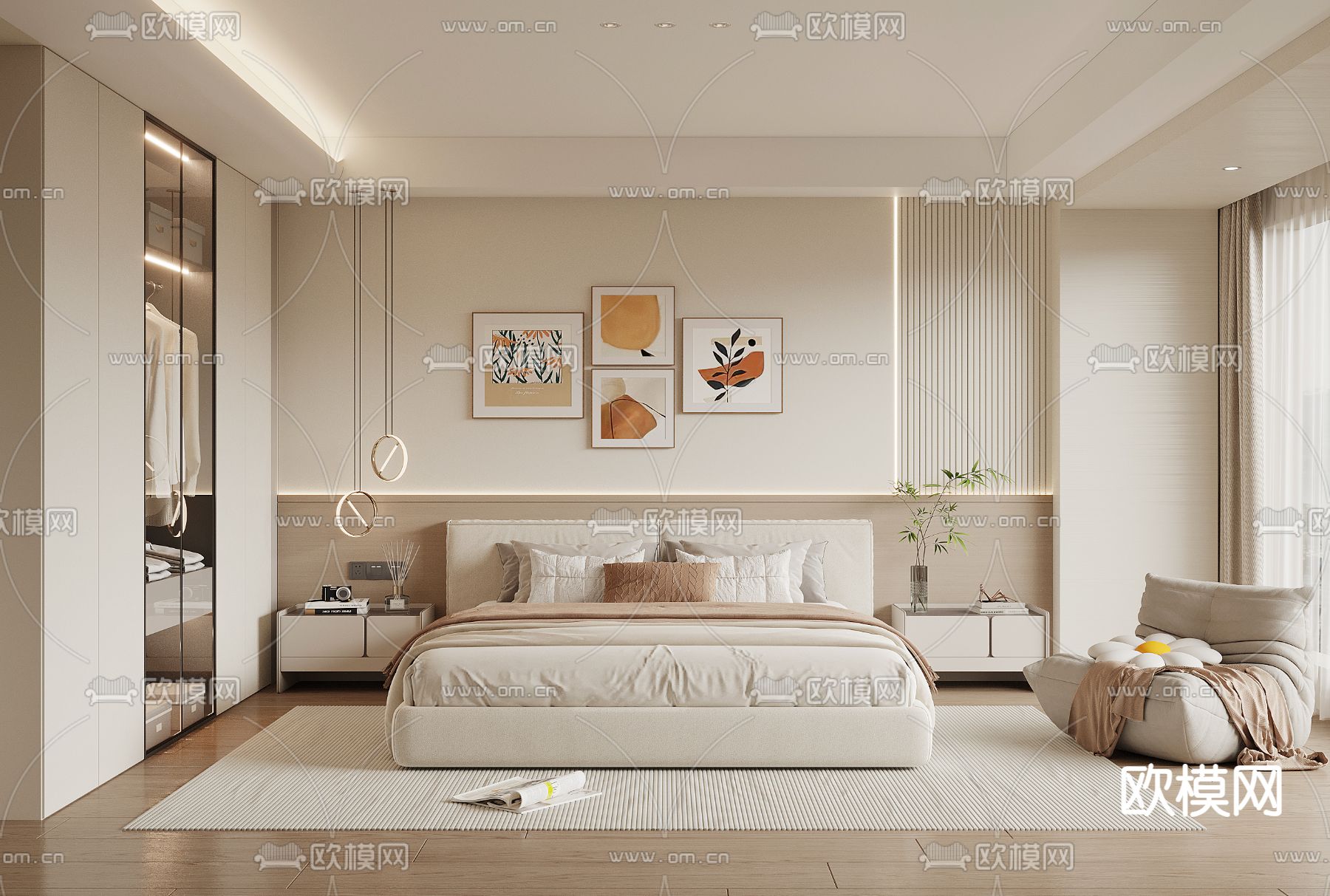 奶油风卧室 主人房3d模型下载