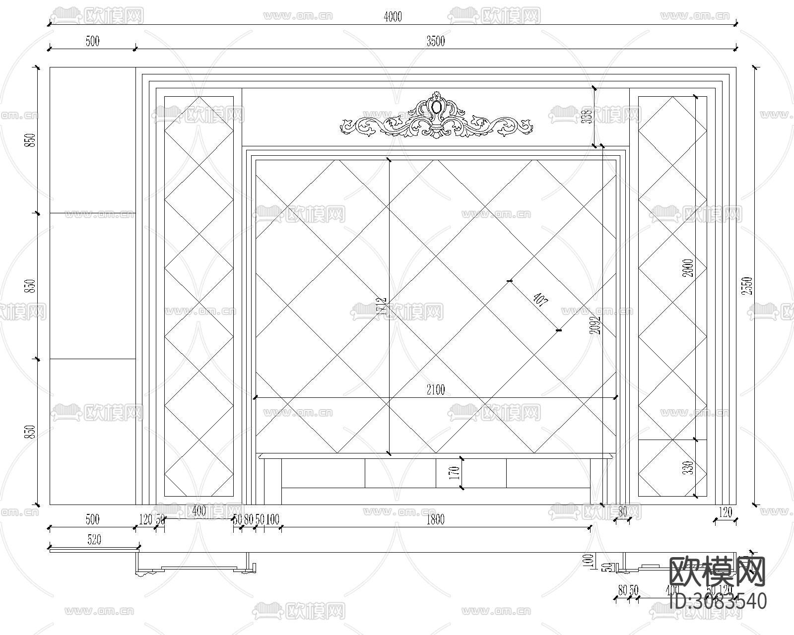 大理石电视机背景墙cad图库下载（渲染图2）