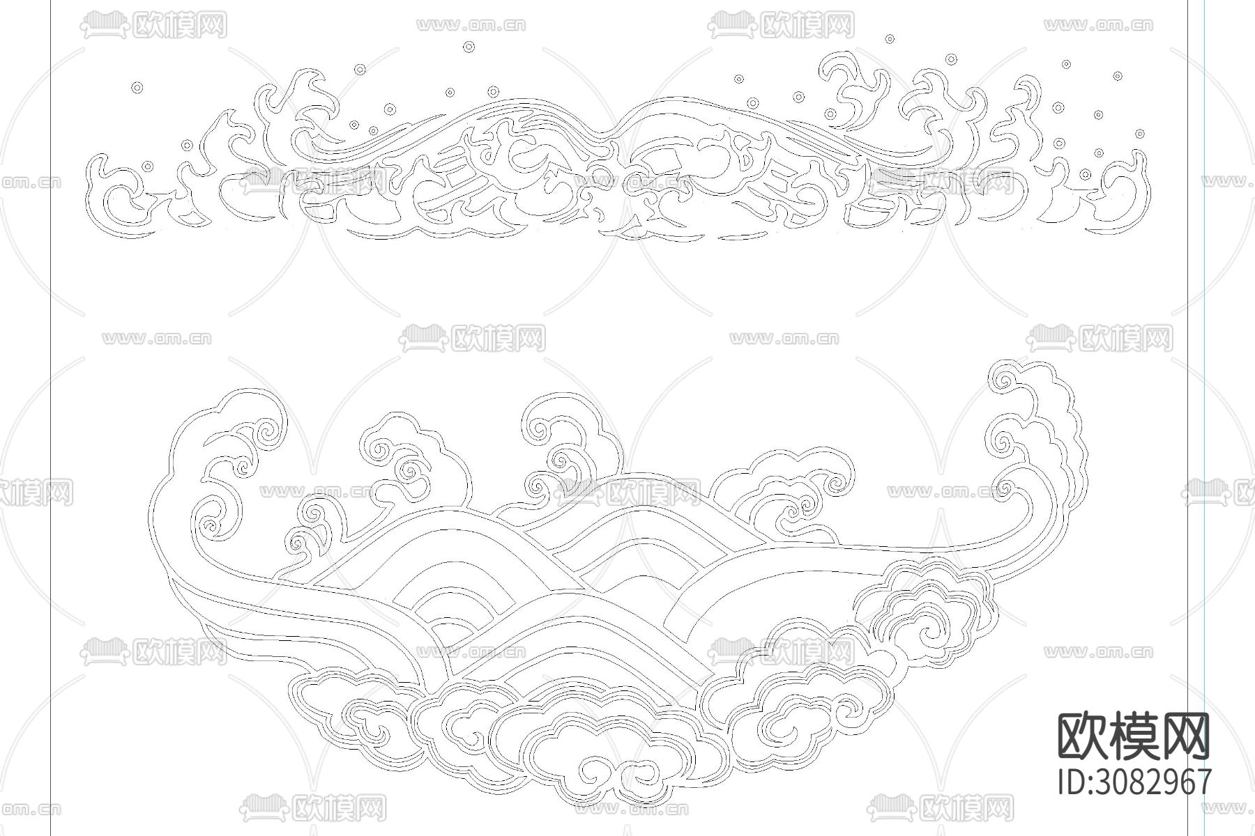 中国风古典圆形祥云祥瑞灵芝祥纹波浪花纹浮雕刻图案cad图库下载（渲染图3）