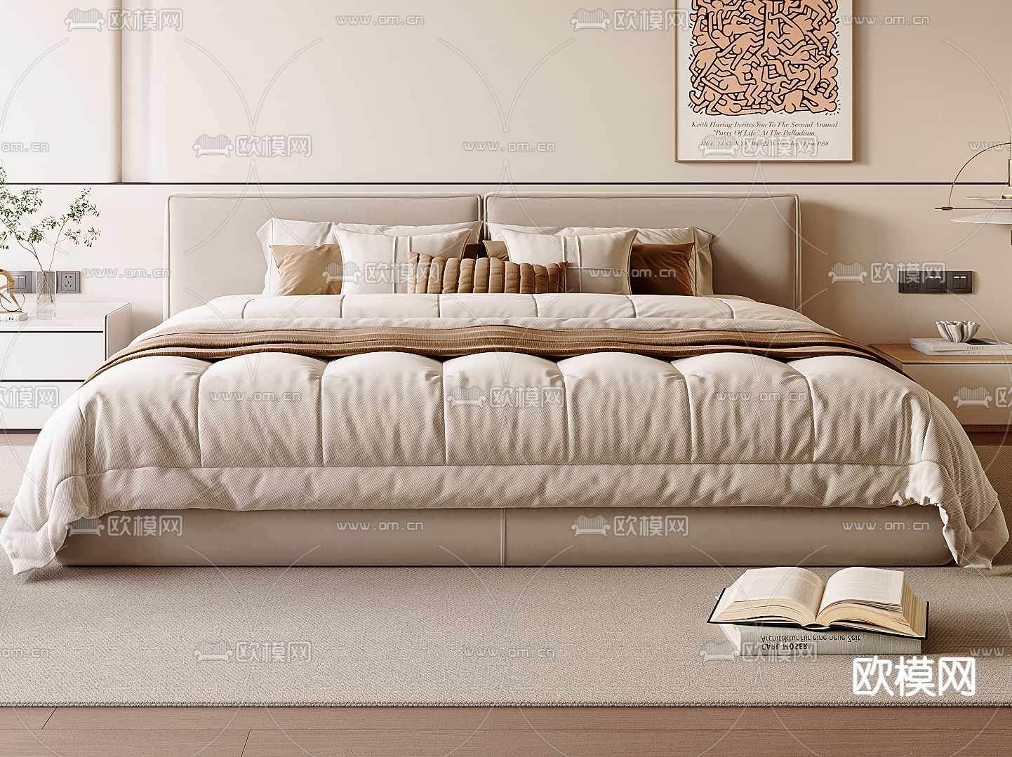 现代双人床su模型下载（渲染图2）