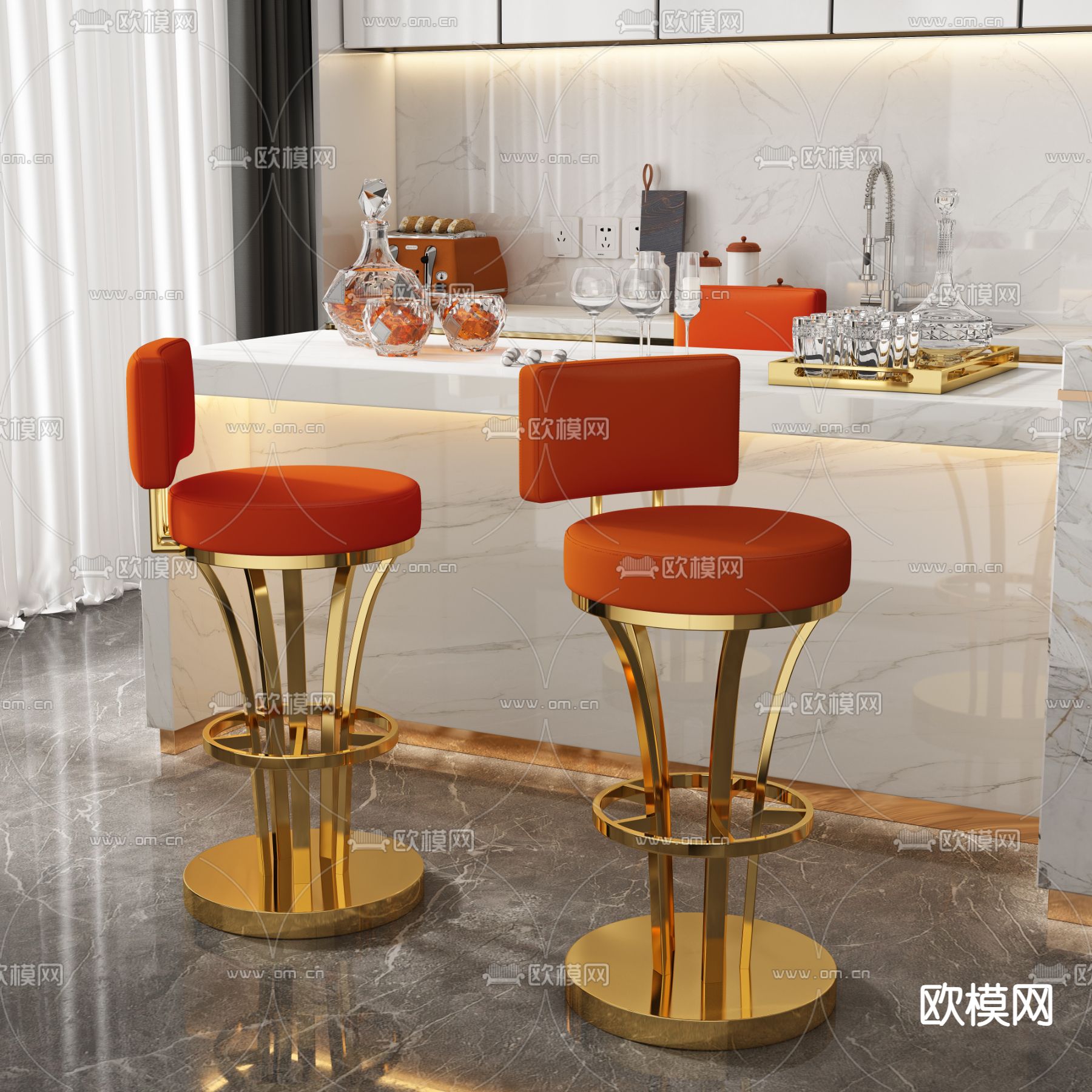 轻奢吧椅 吧凳 高脚凳3d模型下载