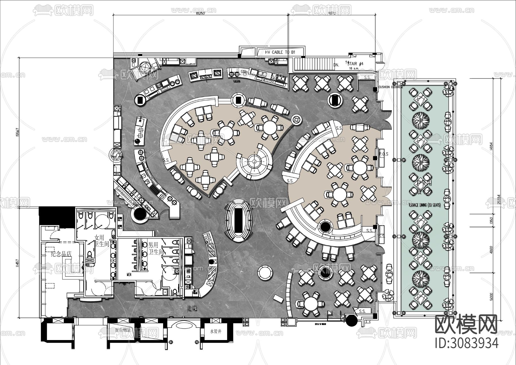 900㎡异形餐厅cad平面图下载（渲染图2）