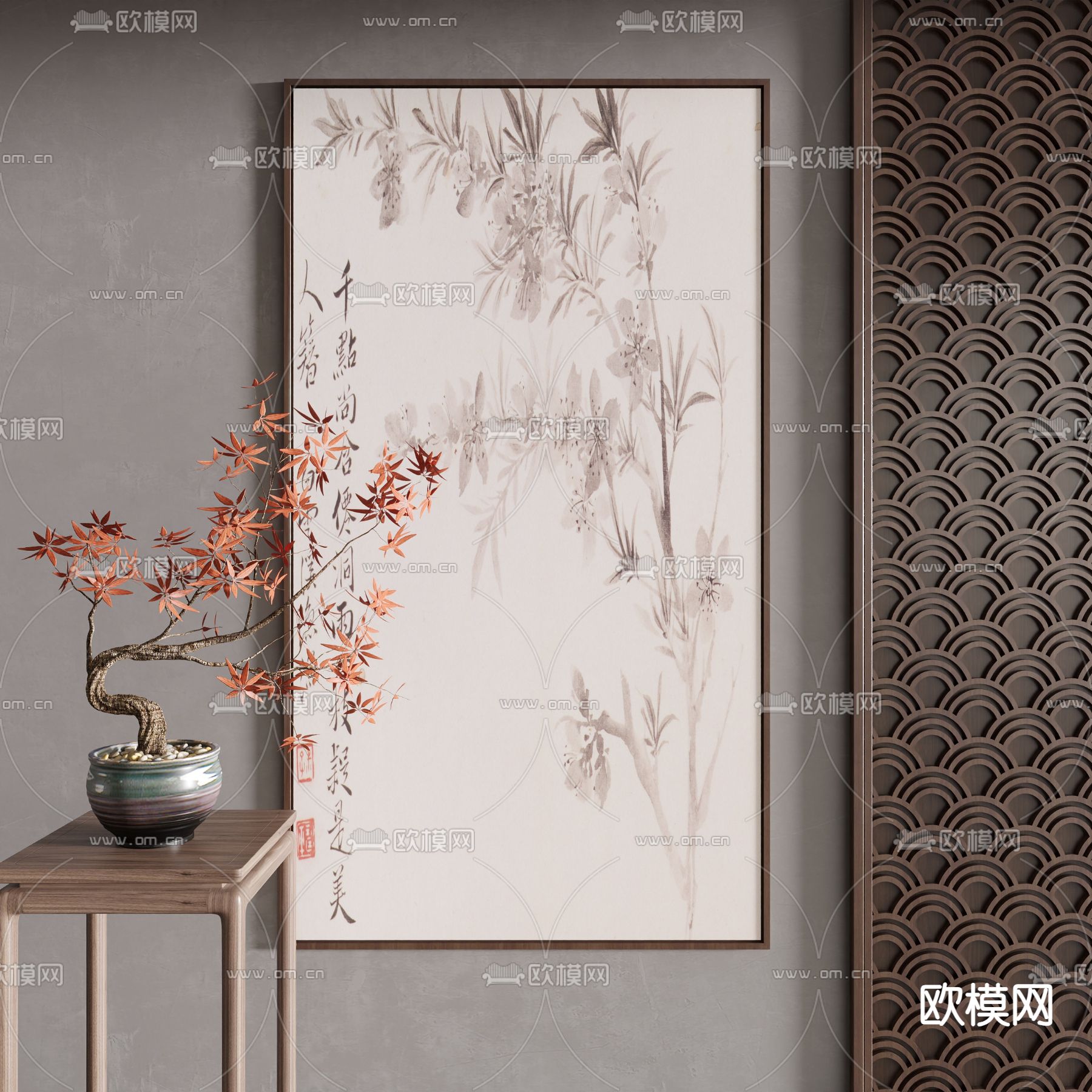 新中式水墨画 书法 字画 装饰画3d模型下载