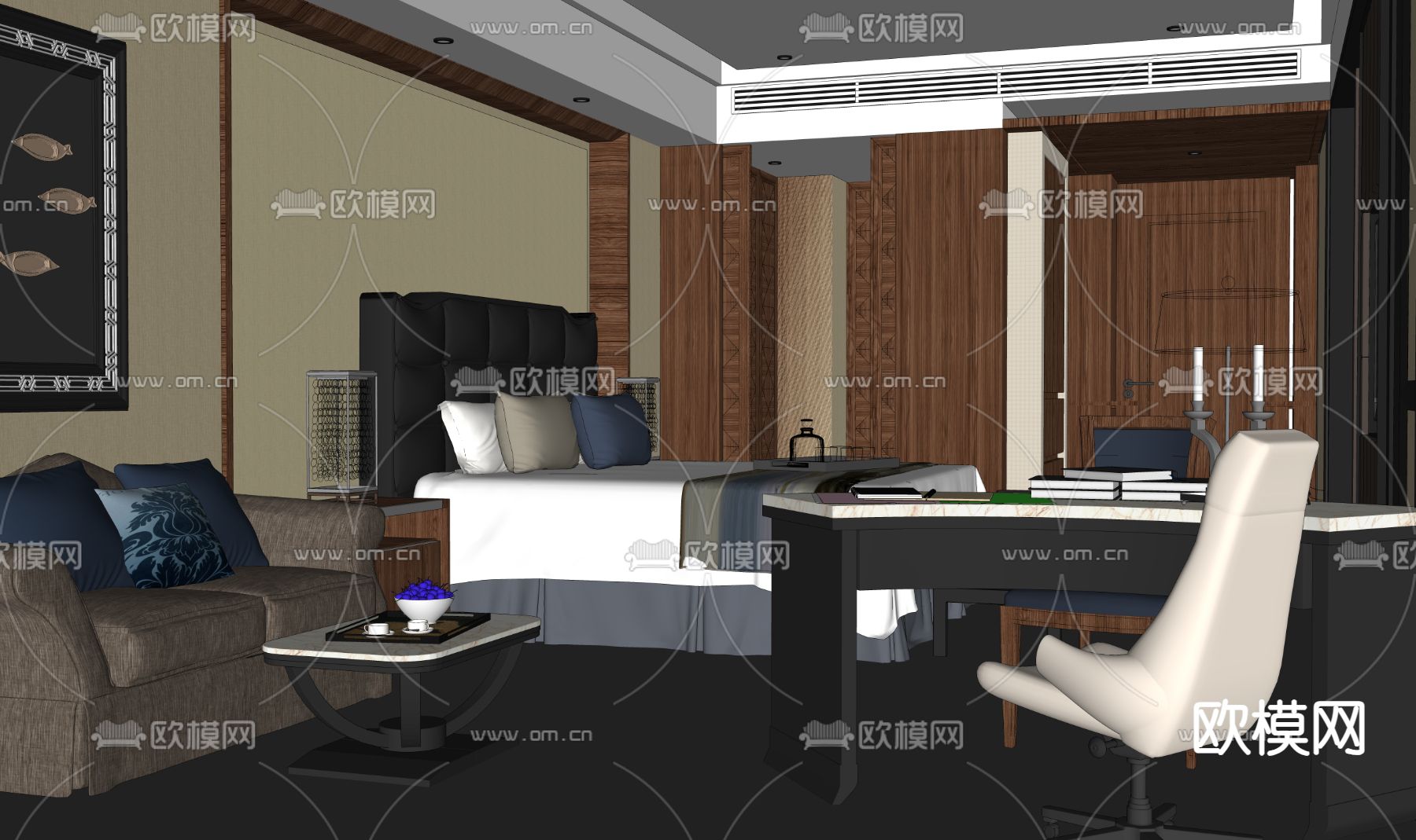 美式卧室 主人房su模型下载（渲染图1）