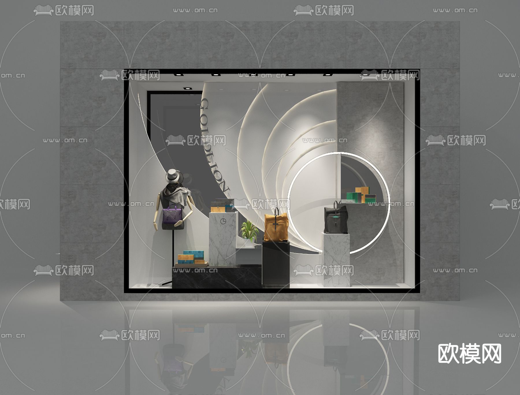 现代橱窗 服装 皮包 帽子su模型下载（渲染图2）