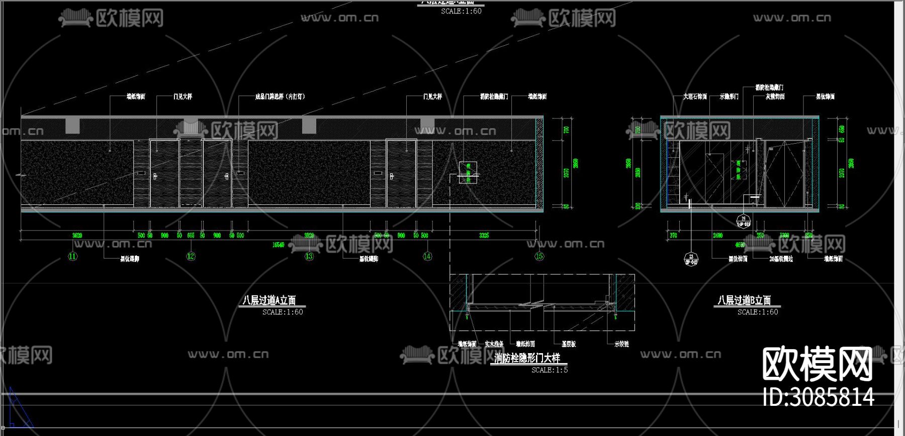 酒店公区 酒店电梯间cad平面大样图下载（渲染图4）