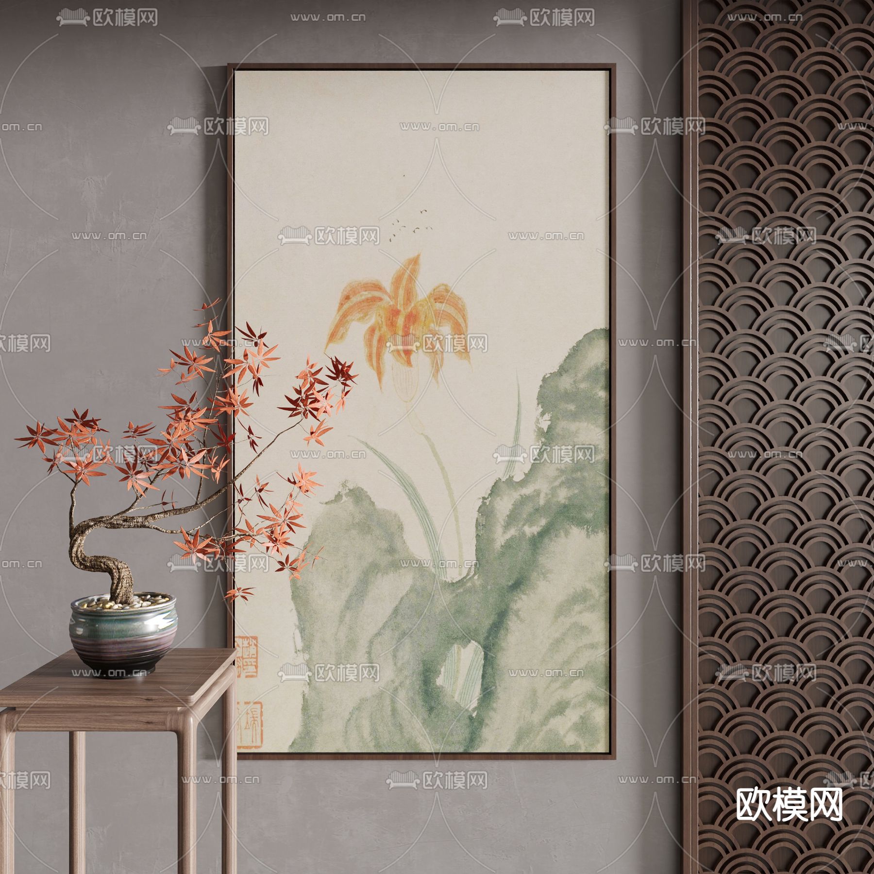 新中式水墨画 山脉画 装饰画3d模型下载