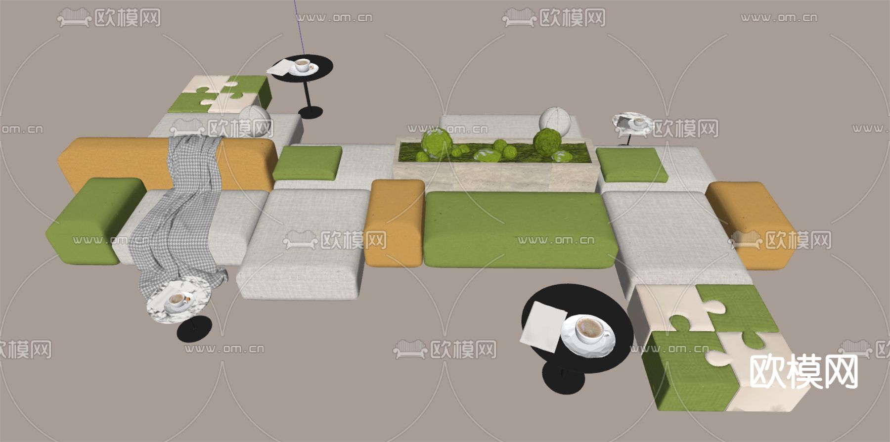 办公休闲沙发 卡座沙发 组合沙发su模型下载（渲染图1）