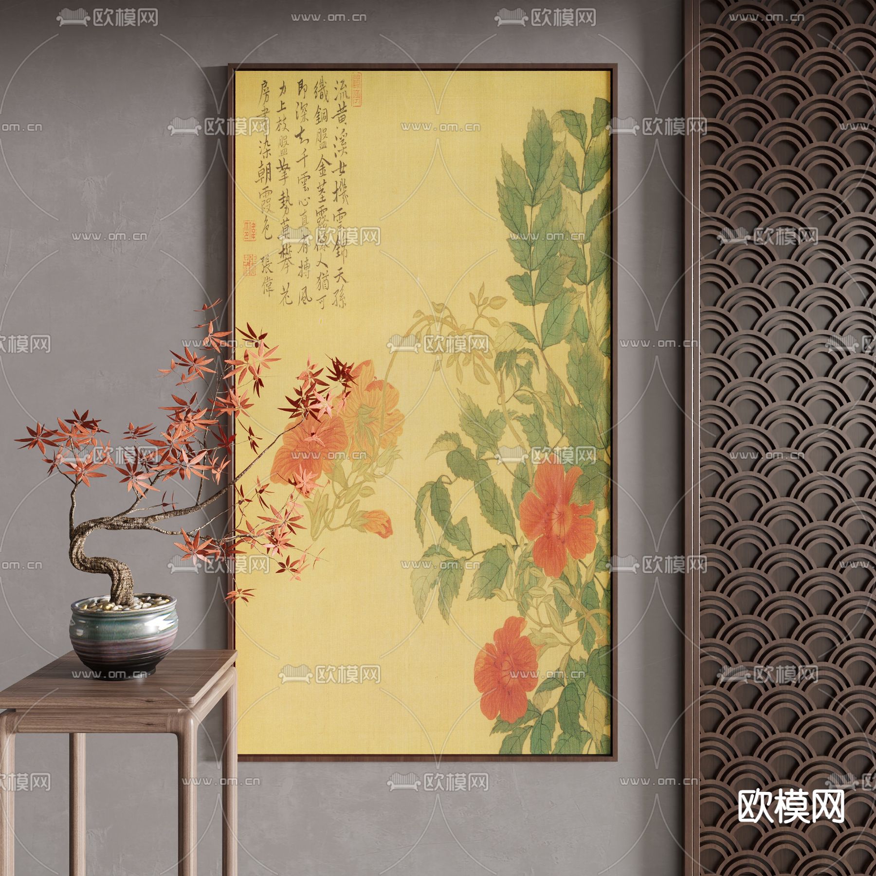 新中式装饰画 花鸟画 水彩画3d模型下载