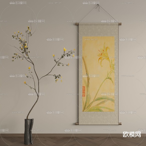 新中式水墨画 植物画 挂画3d模型下载