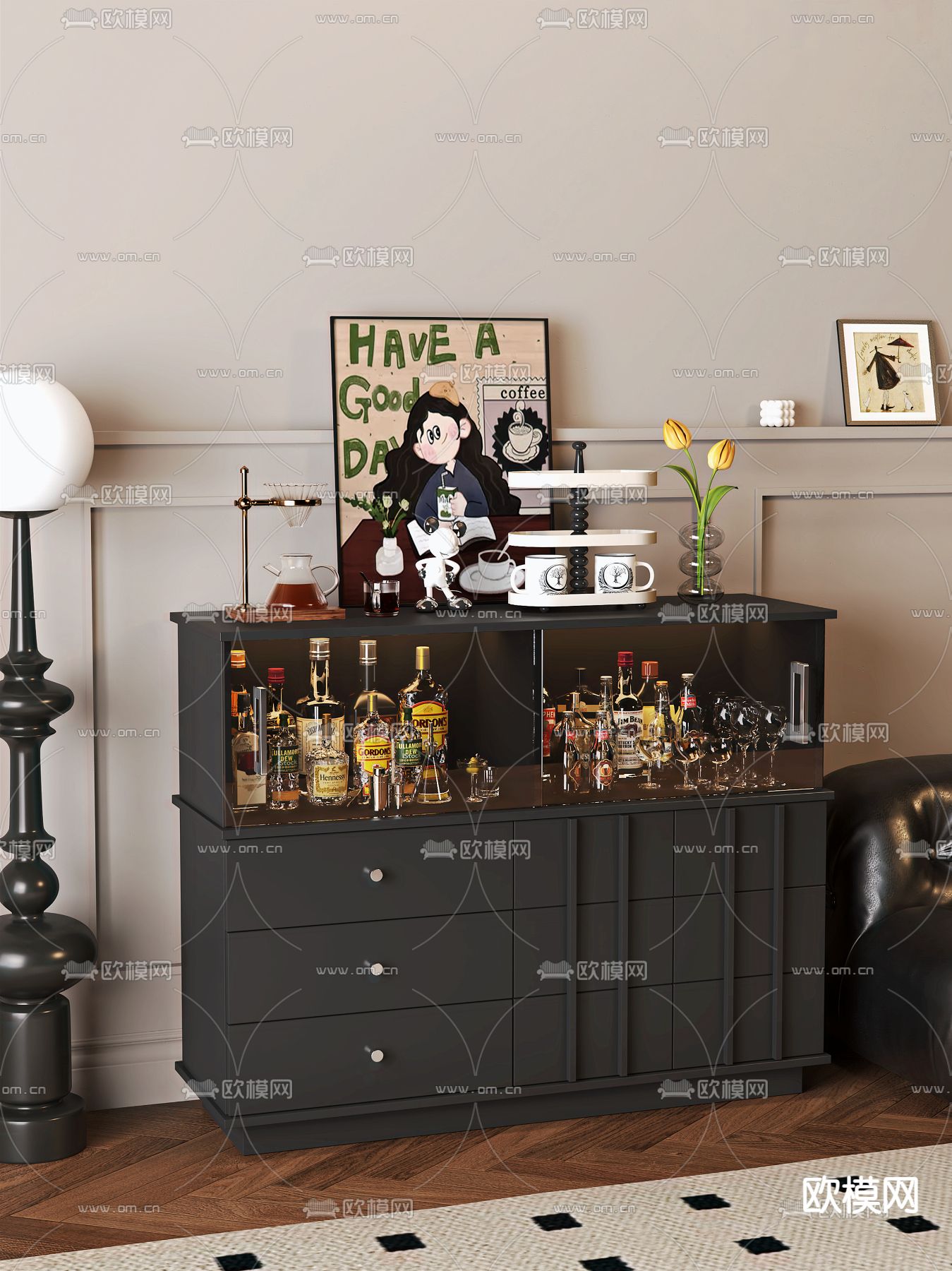 法式餐边柜 酒柜3d模型下载（渲染图2）