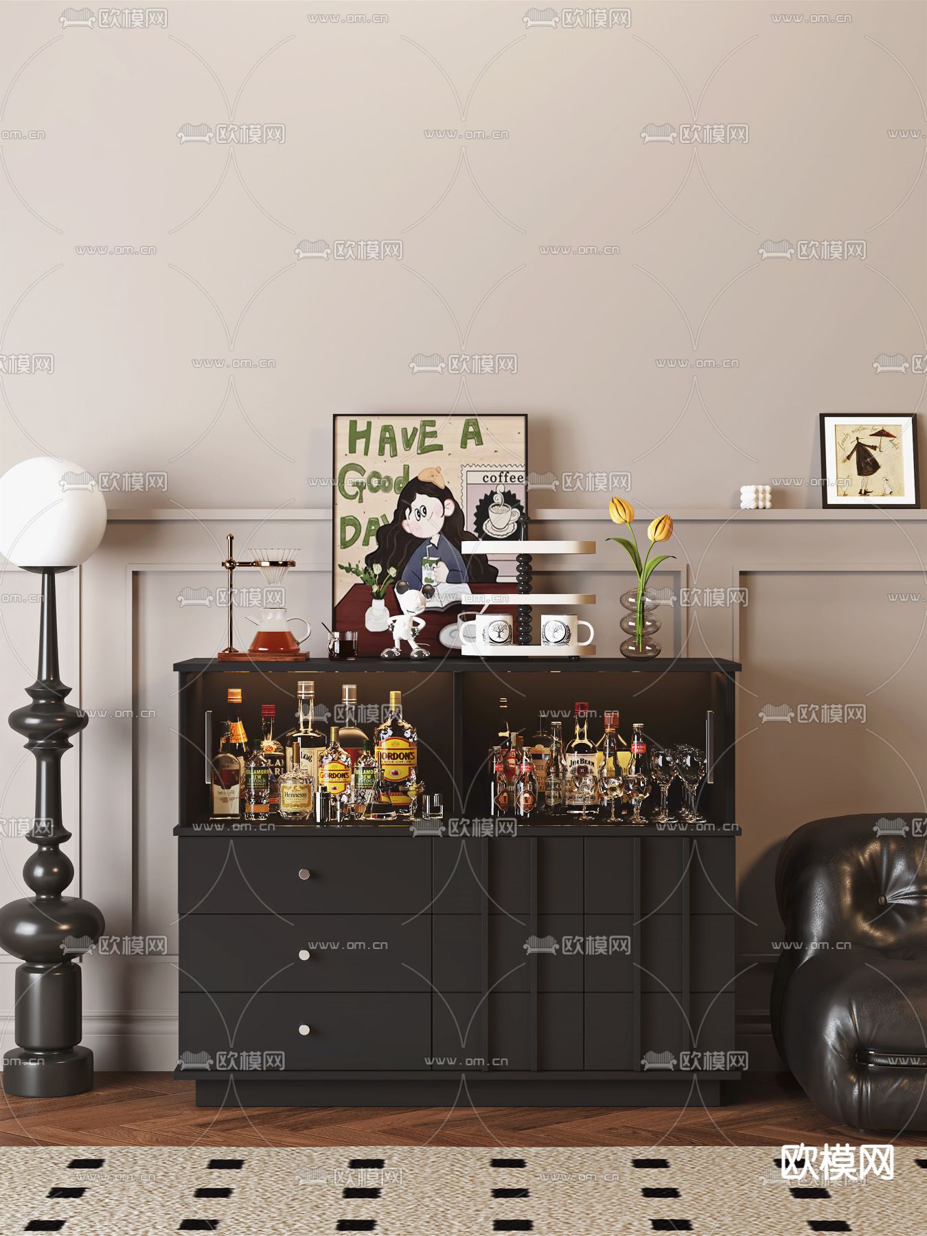 法式餐边柜 酒柜3d模型下载（渲染图1）