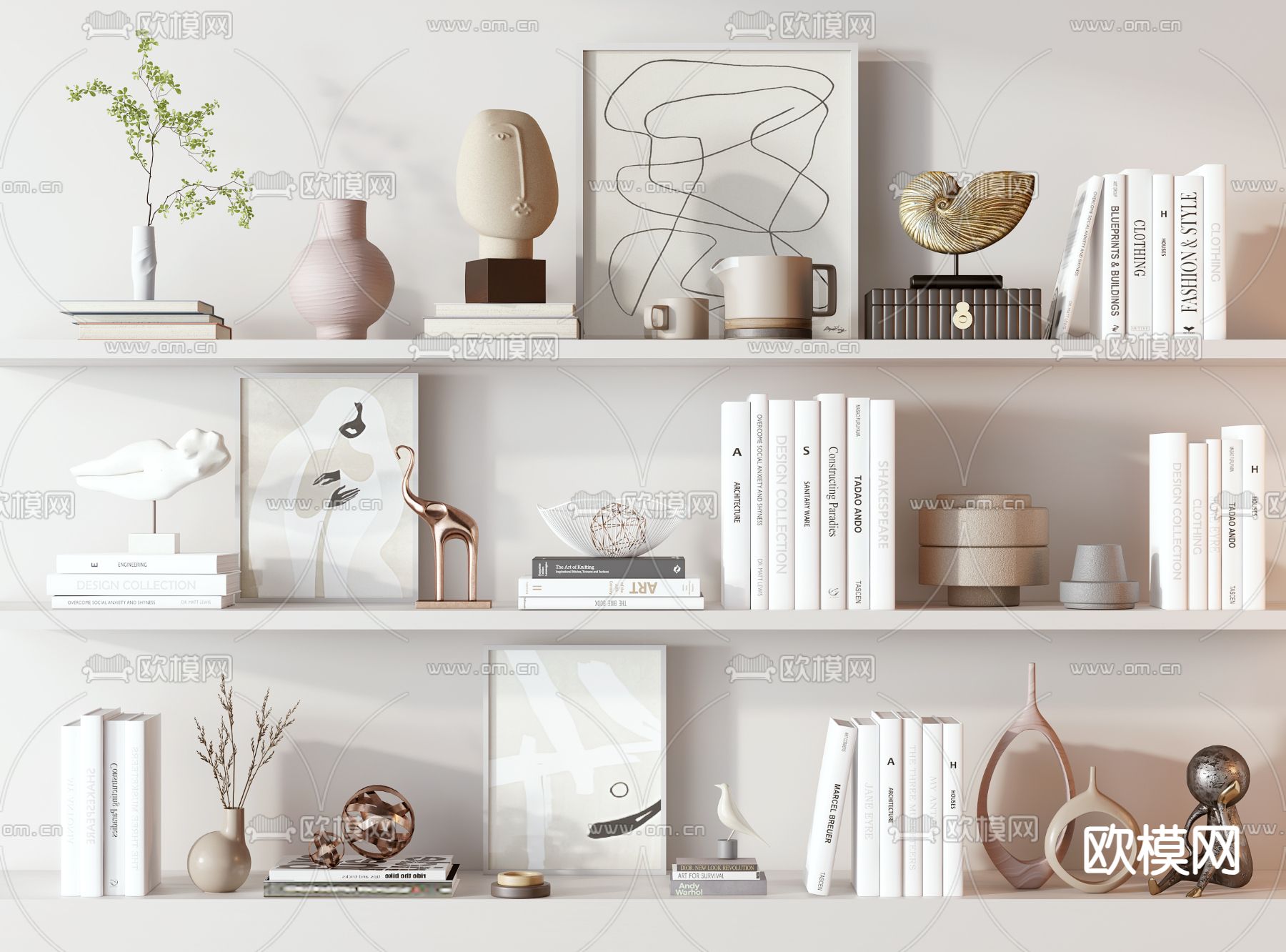 现代装饰品 摆件 书籍 花瓶3d模型下载