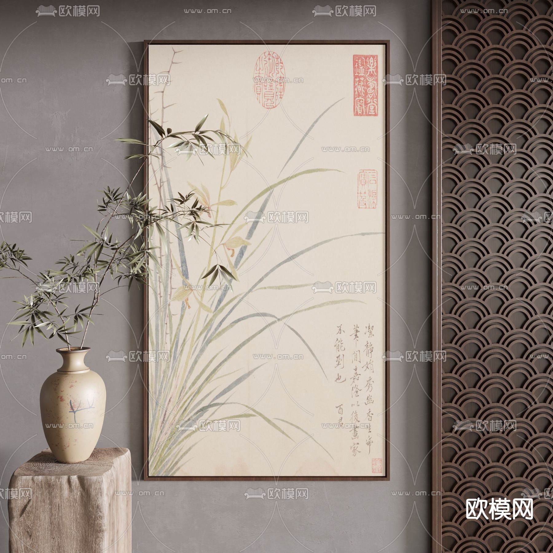 新中式装饰画su模型下载（渲染图2）