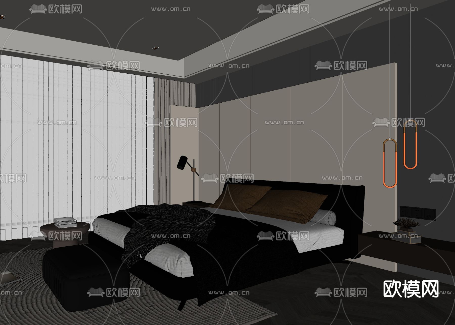 暗黑风卧室su模型下载（渲染图1）