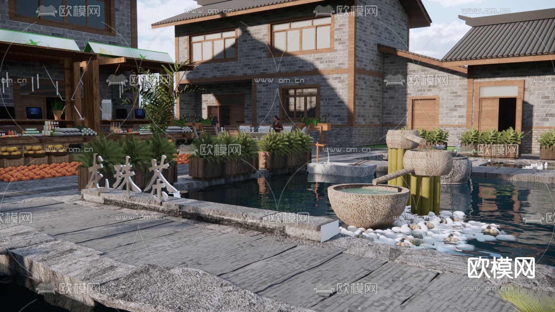 中式商业街节点 水景观小品su模型下载（渲染图2）