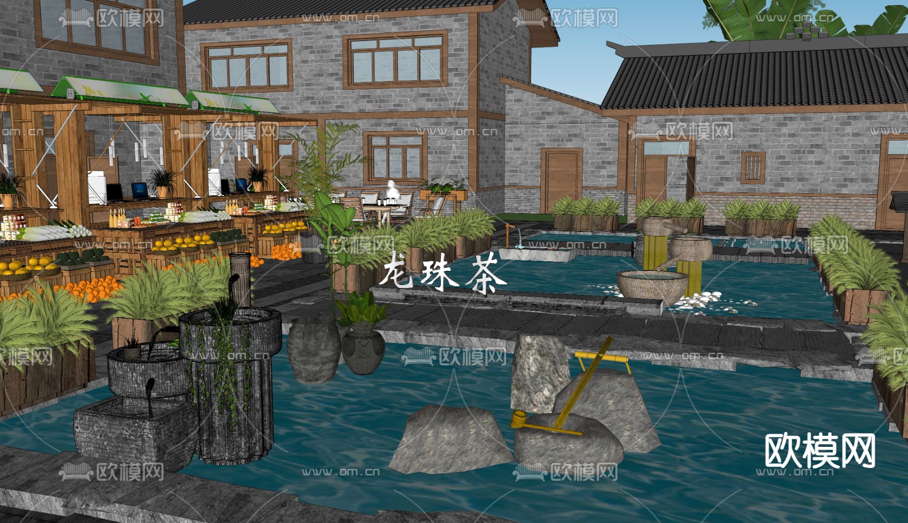 中式商业街节点 水景观小品su模型下载（渲染图1）