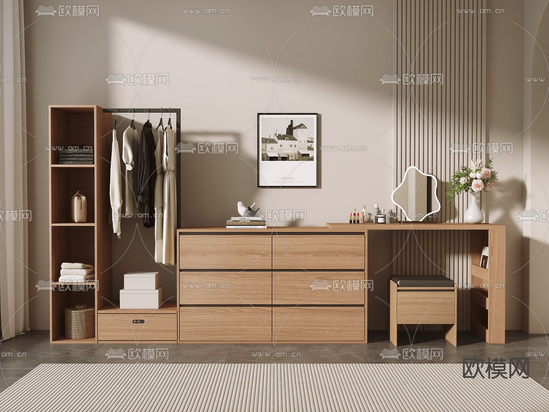 中古风梳妆台 斗柜 收纳柜su模型下载（渲染图1）