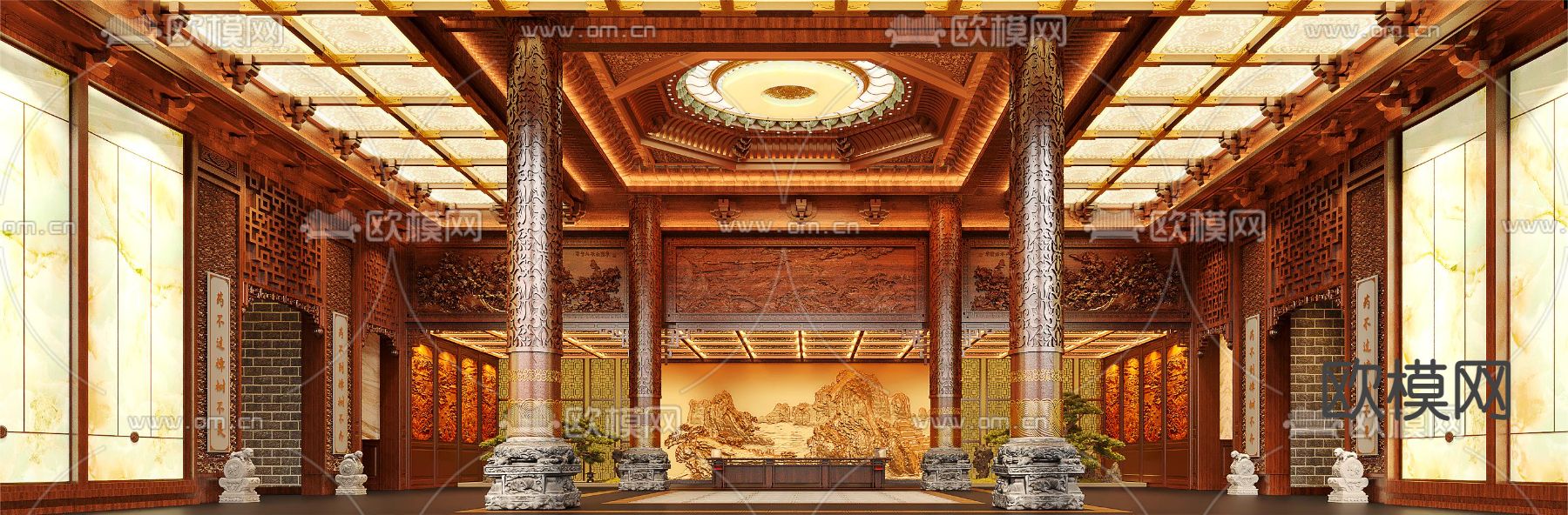 中式酒店大堂3d模型下载（渲染图1）