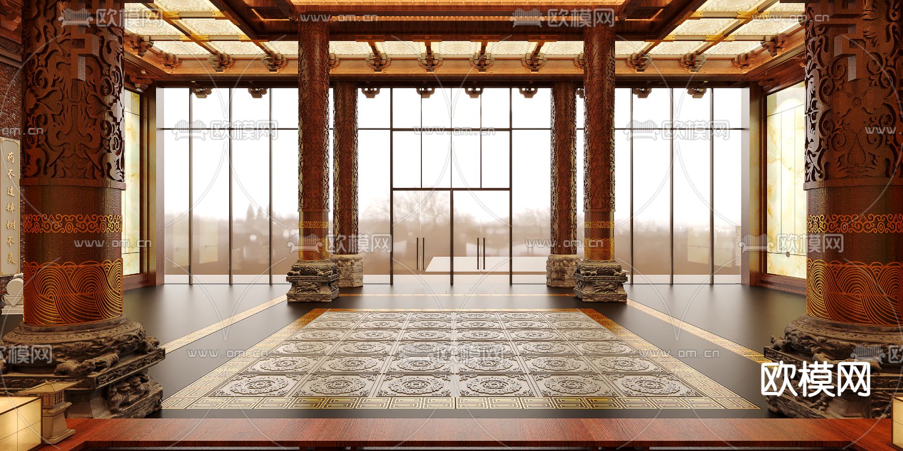 中式酒店大堂3d模型下载（渲染图2）