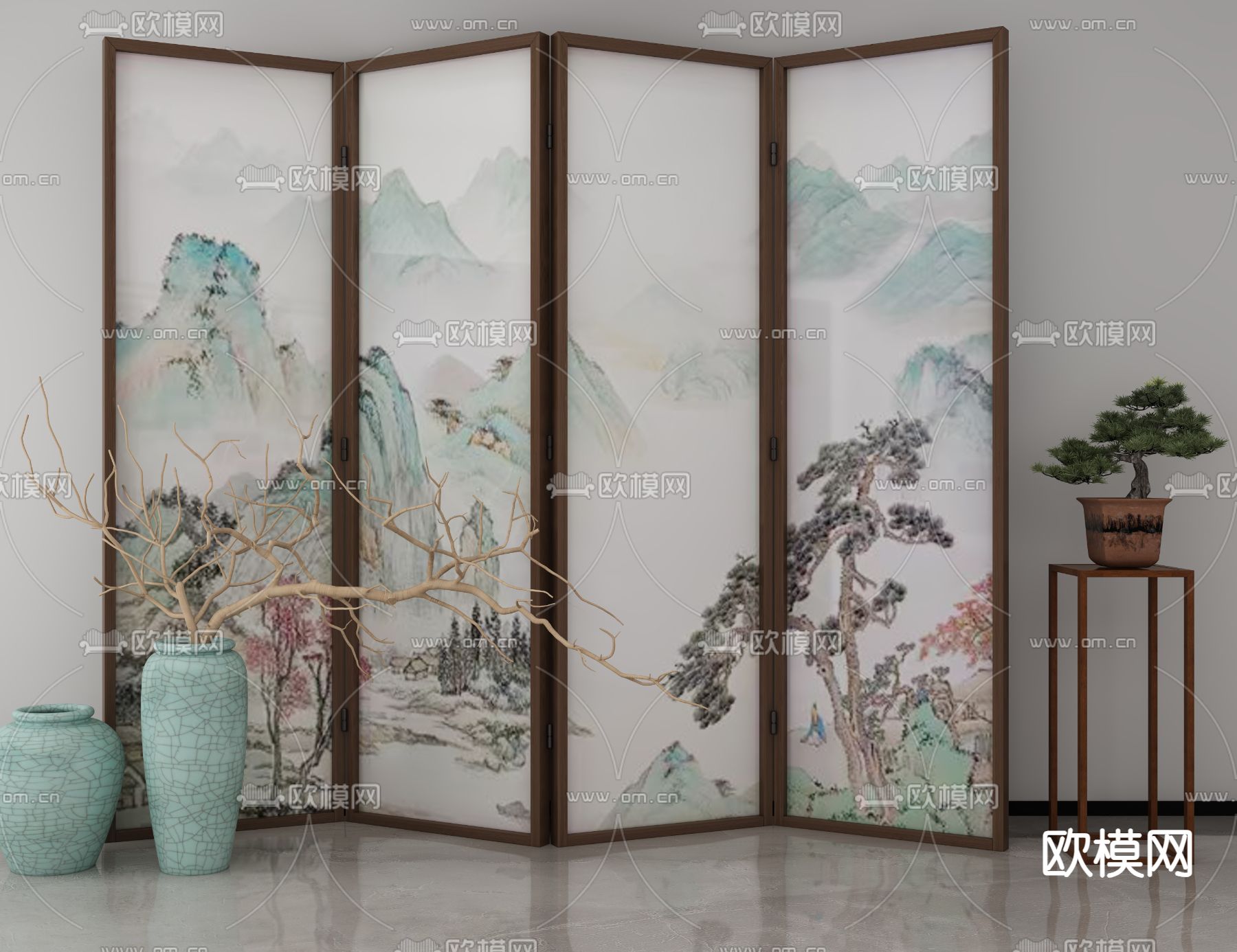 新中式屏风 字画隔断3d模型下载（渲染图1）