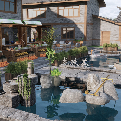  中式商业街节点 水景观小品su模型 